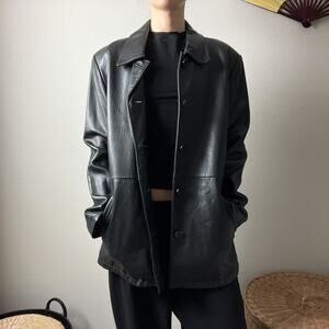 90s vintage black leather minimalist grunge chic boxy button coat jacket